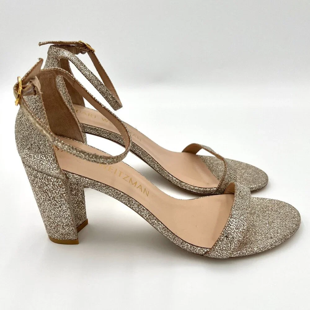 Stuart Weitzman NearlyNude Platinum Silver Glitter Sandals Heels Size 11 Heeled